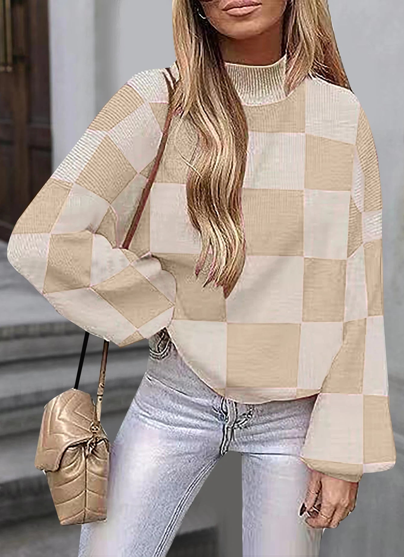 Oversized Checkerboard Sweater High Neck Jumper Sweaters | Chuzko.com