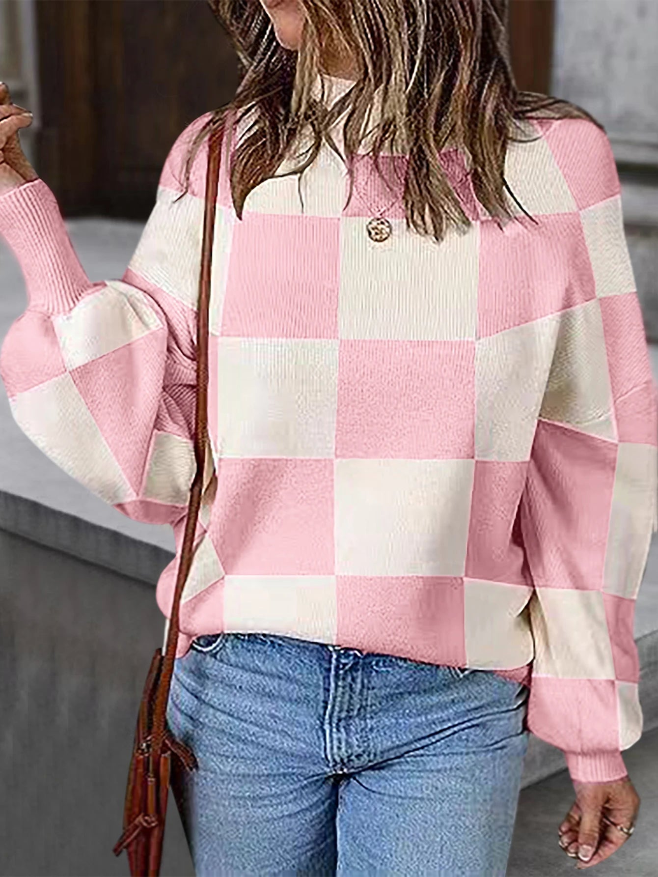 Checkered High Neck Sweater Pink and Cream Jumper Sweaters | Chuzko.com