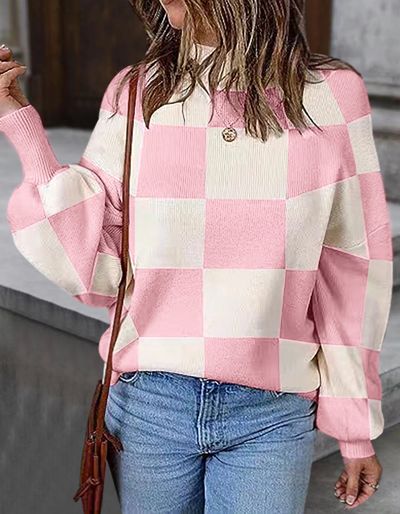 Checkered High Neck Sweater Pink and Cream Jumper Sweaters | Chuzko.com