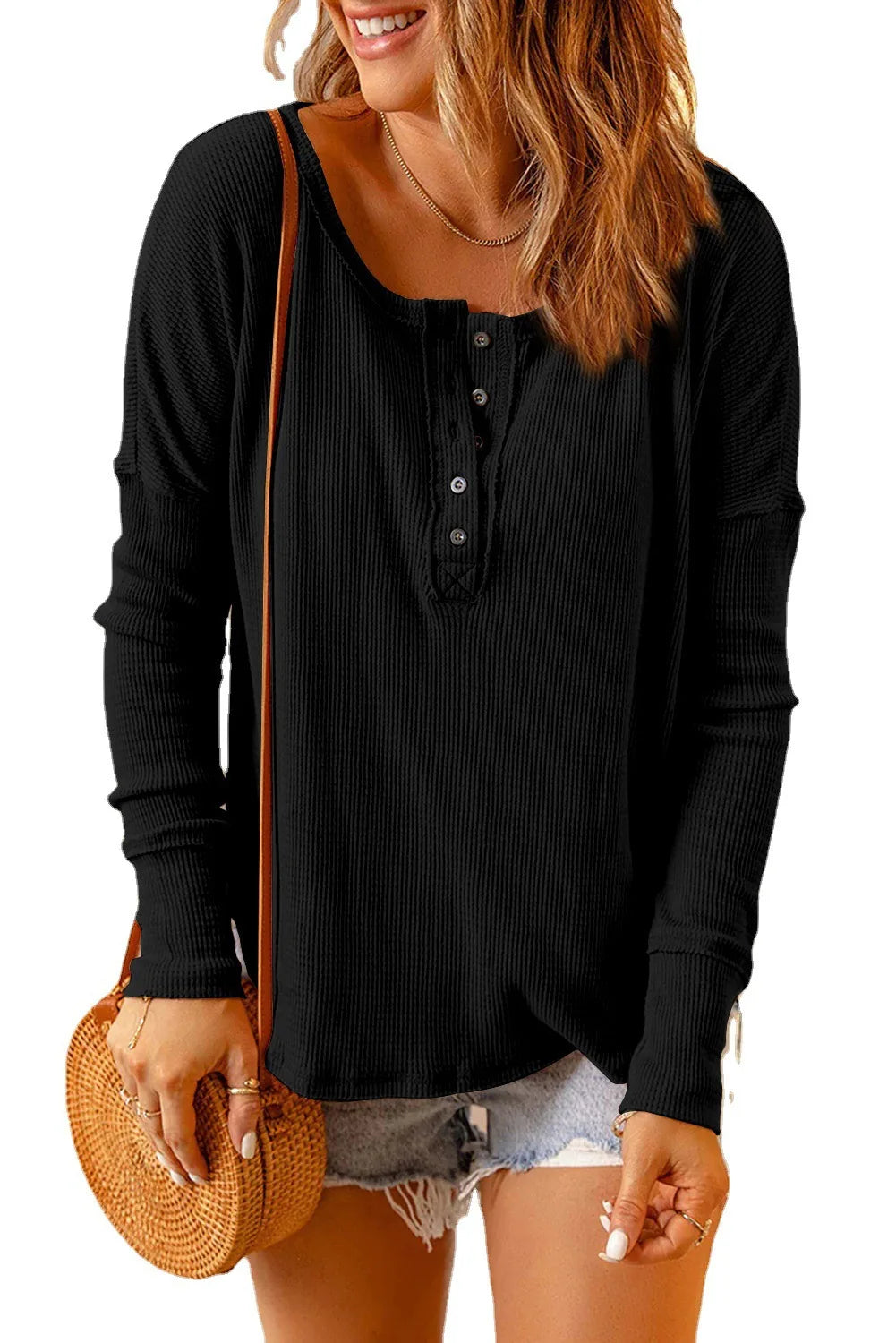 Long-Sleeve Casual Top Oversized Textured Fall T-Shirt Tops | Chuzko.com