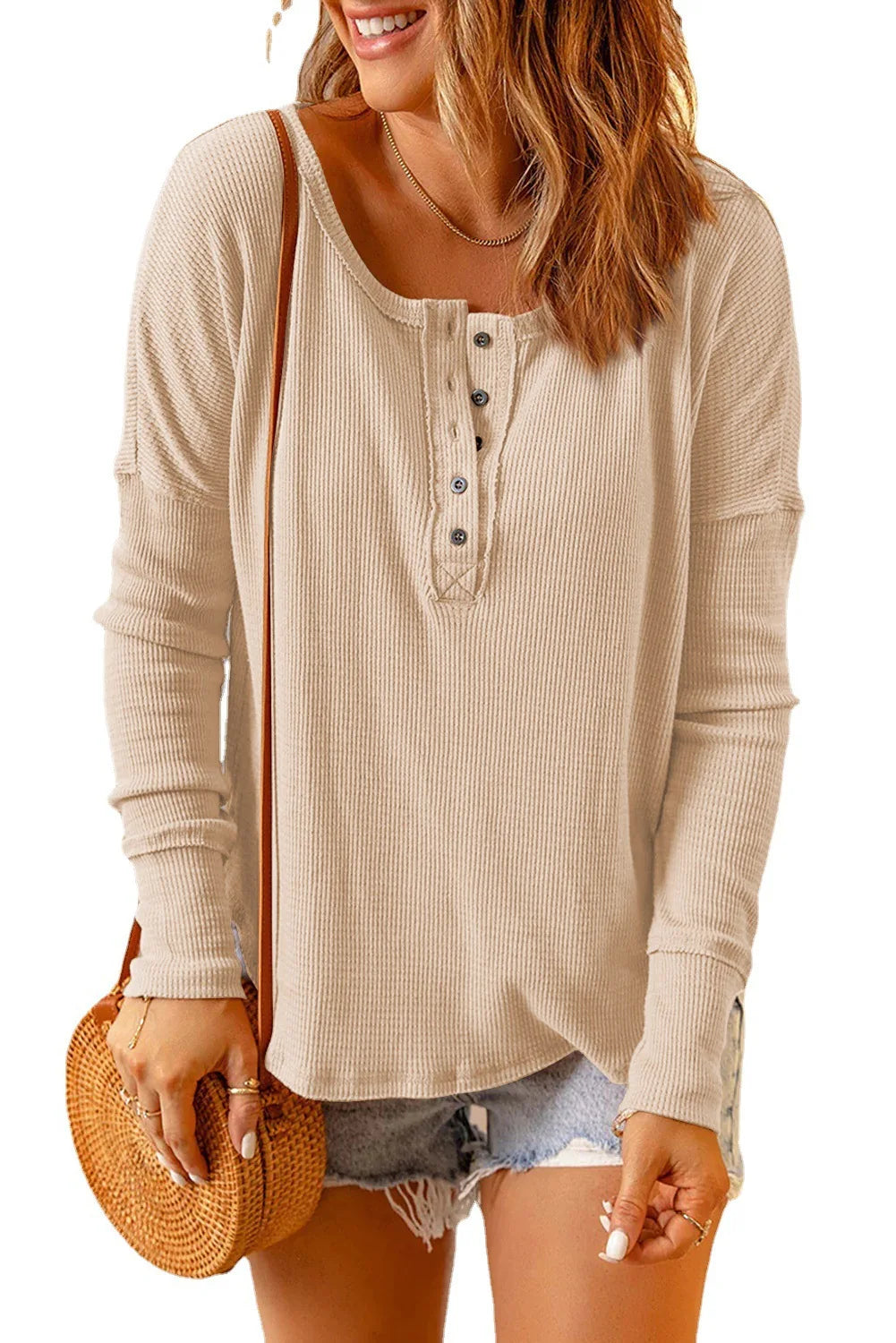 Long-Sleeve Casual Top Oversized Textured Fall T-Shirt Tops | Chuzko.com