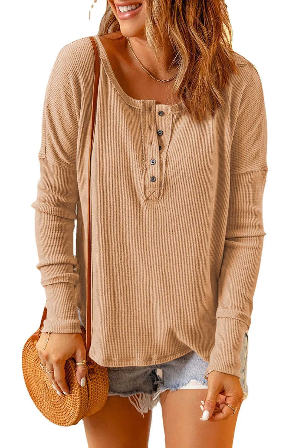 Long-Sleeve Casual Top Oversized Textured Fall T-Shirt Tops | Chuzko.com