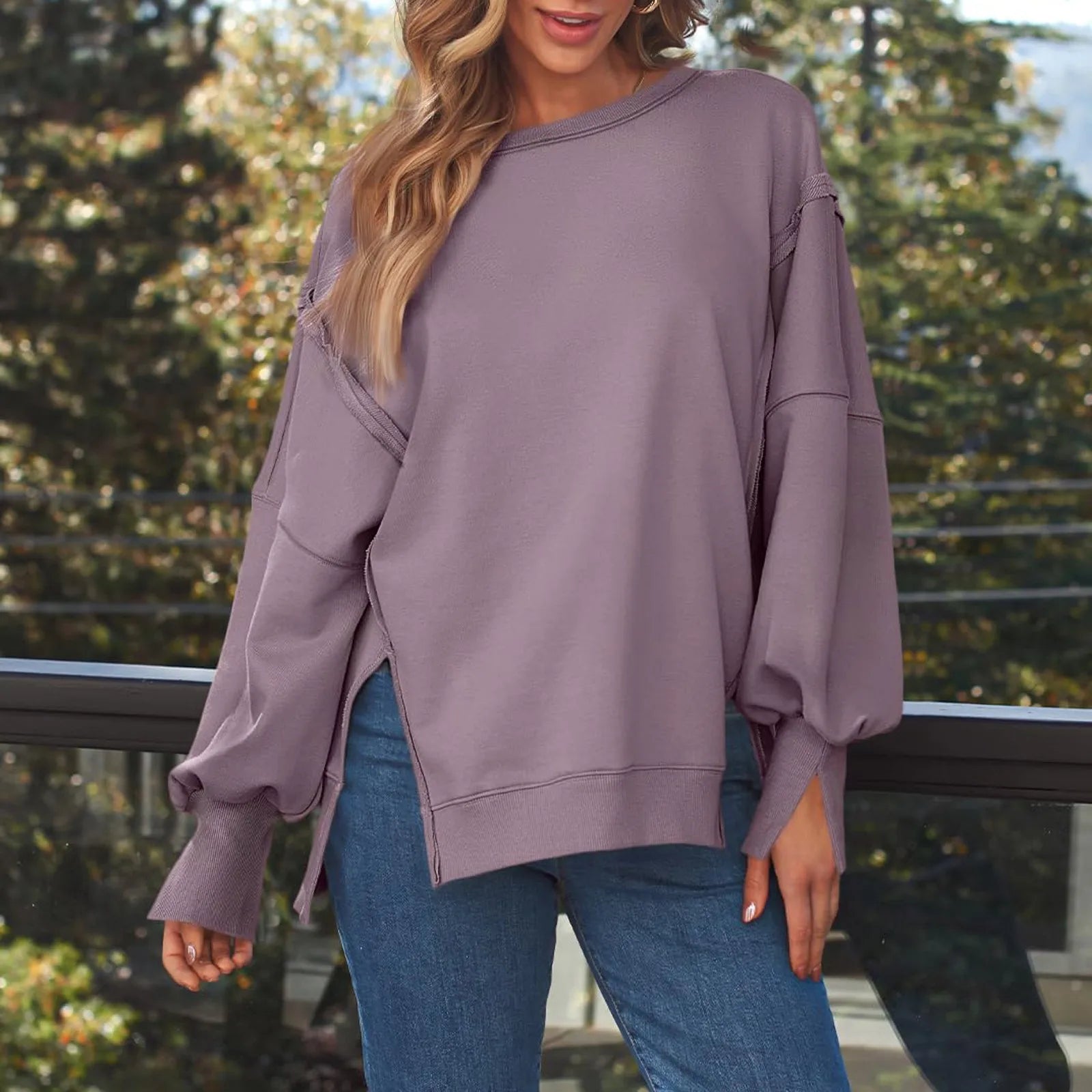 Fall Sweatshirt Drop Shoulder Cut-Out Pullover	