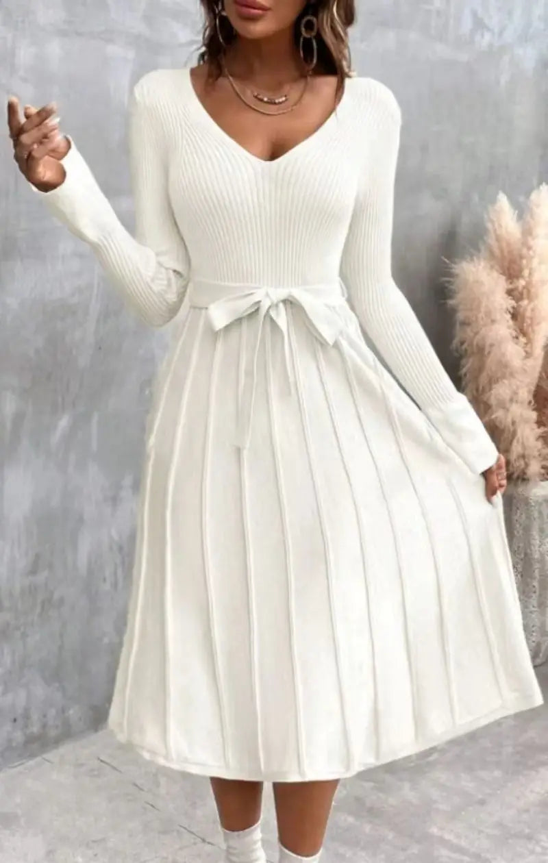 Elegant White Pleated Knit Dress with Waist Tie Cocktail Dresses | Chuzko.com