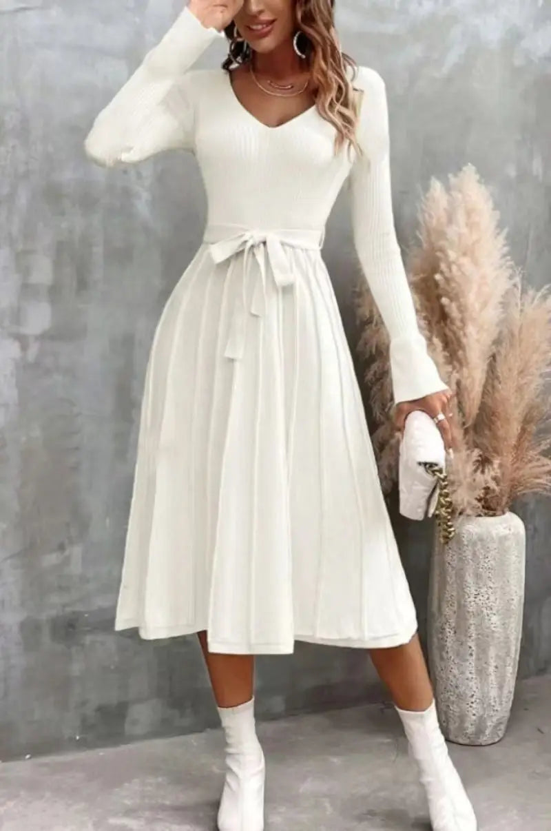 Elegant White Pleated Knit Dress with Waist Tie Cocktail Dresses | Chuzko.com