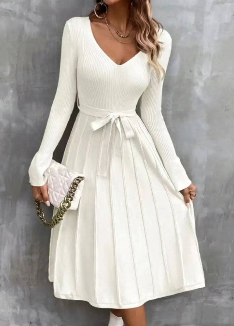 Elegant White Pleated Knit Dress with Waist Tie Cocktail Dresses | Chuzko.com