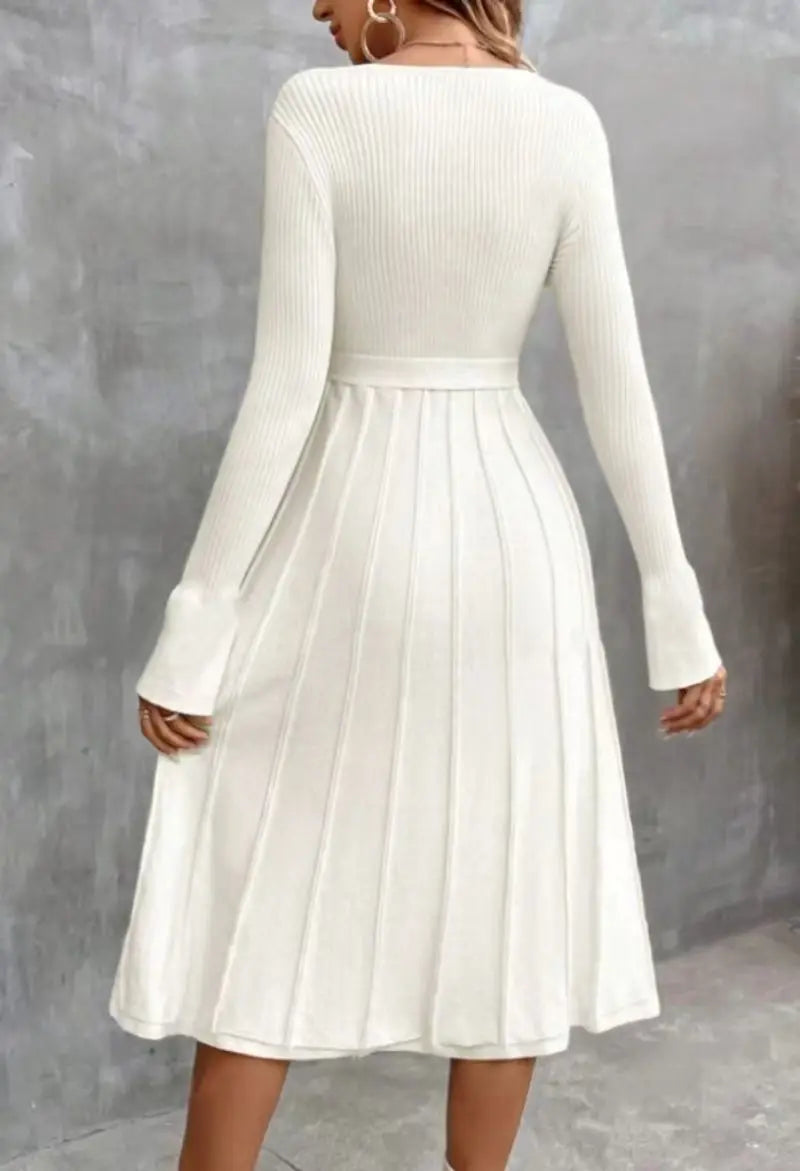 Elegant White Pleated Knit Dress with Waist Tie Cocktail Dresses | Chuzko.com