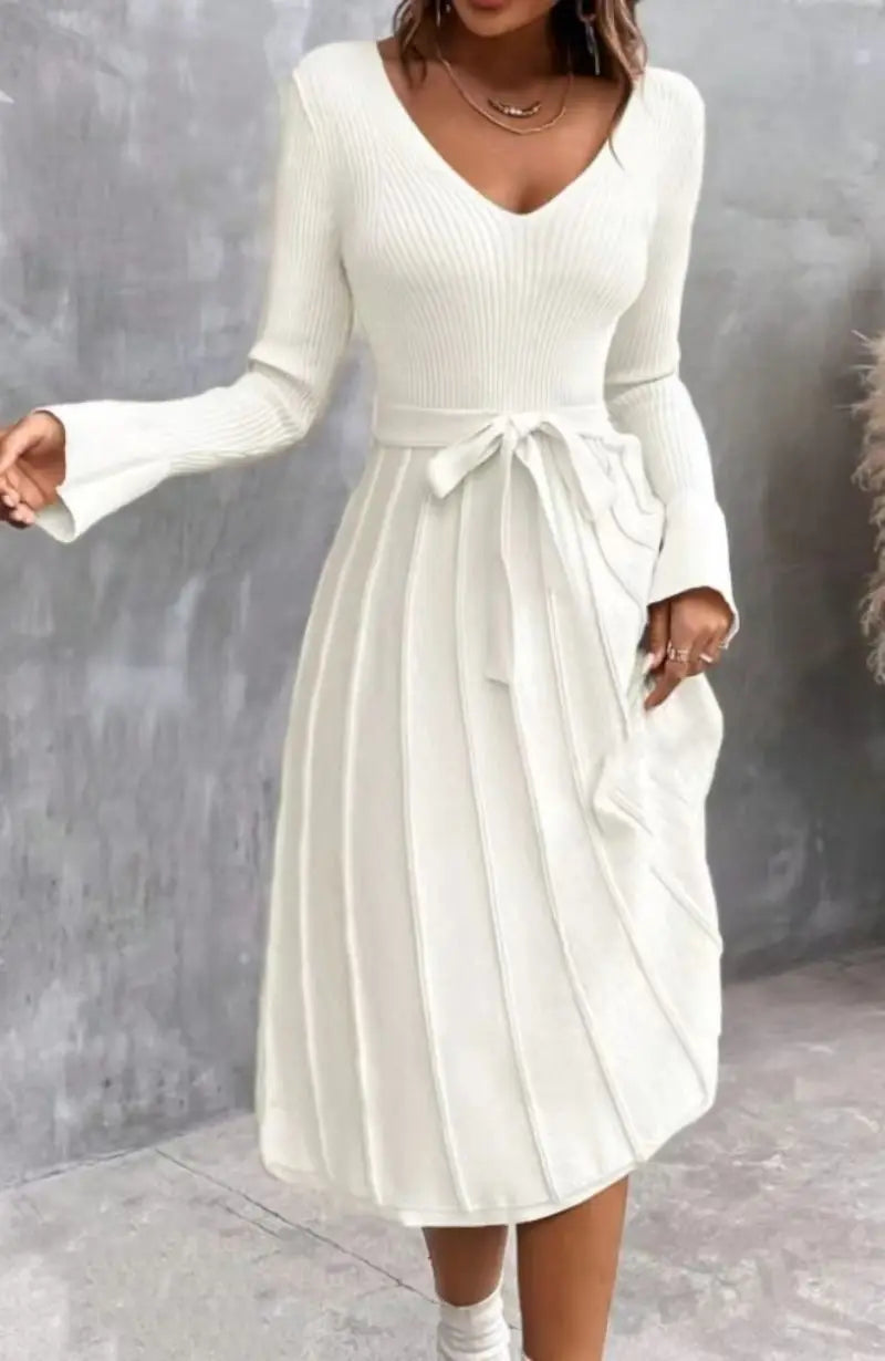 Elegant White Pleated Knit Dress with Waist Tie Cocktail Dresses | Chuzko.com