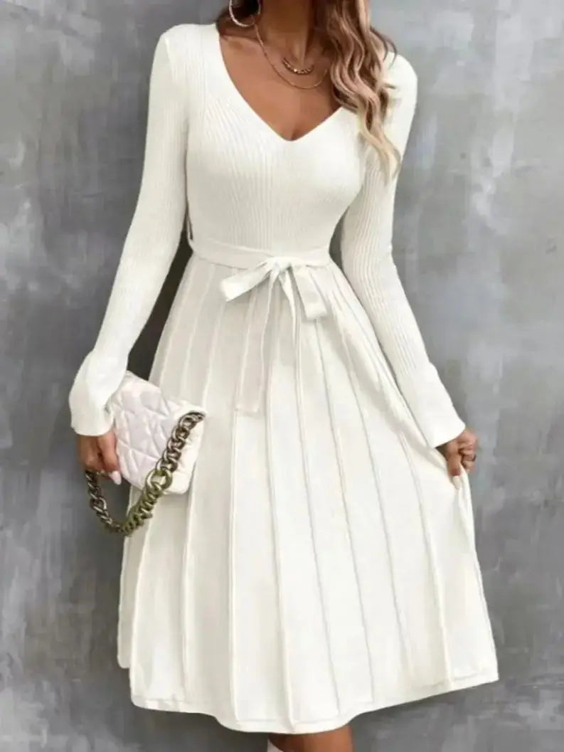 Elegant White Pleated Knit Dress with Waist Tie Cocktail Dresses | Chuzko.com