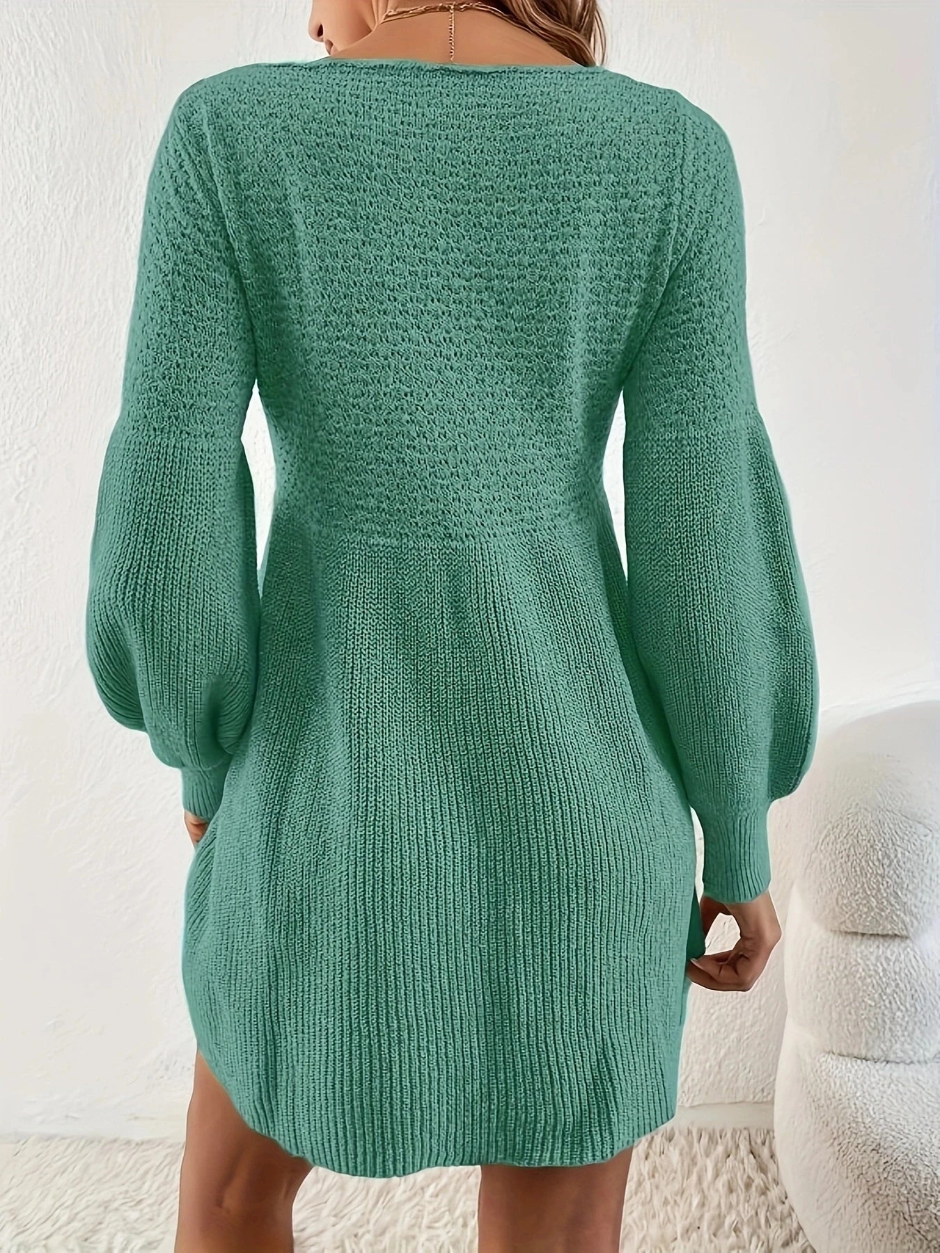 Textured Green Knit Dress with Bishop Sleeve Knit Dresses | Chuzko.com