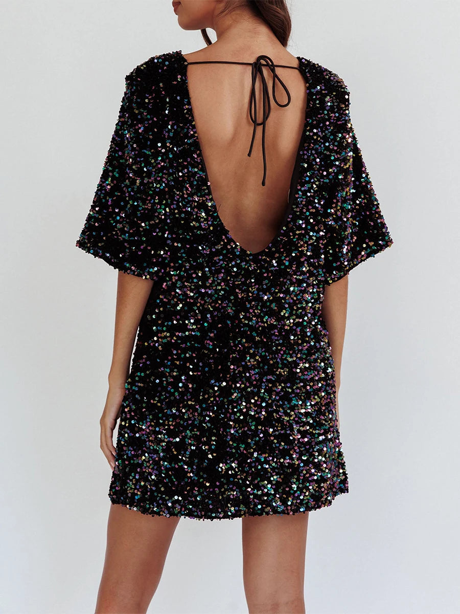 Sequined Sparkle Party Dress with Tie-Up Back Party Dresses | Chuzko.com