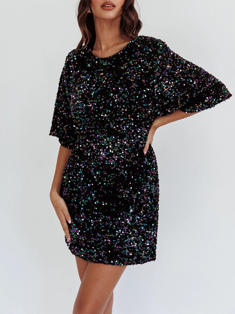 Sequined Sparkle Party Dress with Tie-Up Back Party Dresses | Chuzko.com