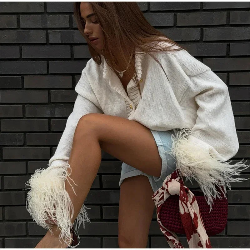 Feather Cuff Knit Sweater – Perfect for Autumn Casuals Women | Chuzko.com