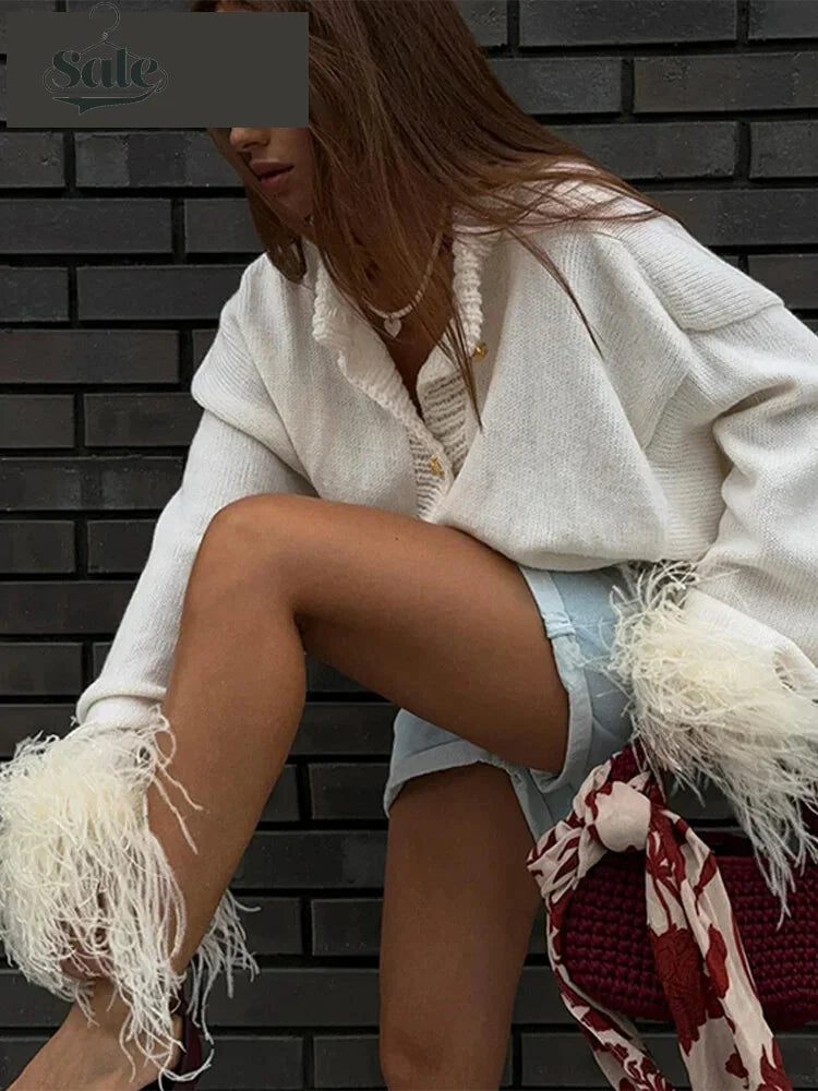 Feather Cuff Knit Sweater – Perfect for Autumn Casuals Women | Chuzko.com