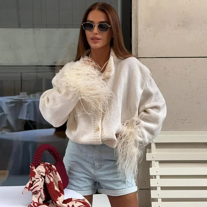 Feather Cuff Knit Sweater – Perfect for Autumn Casuals Women | Chuzko.com