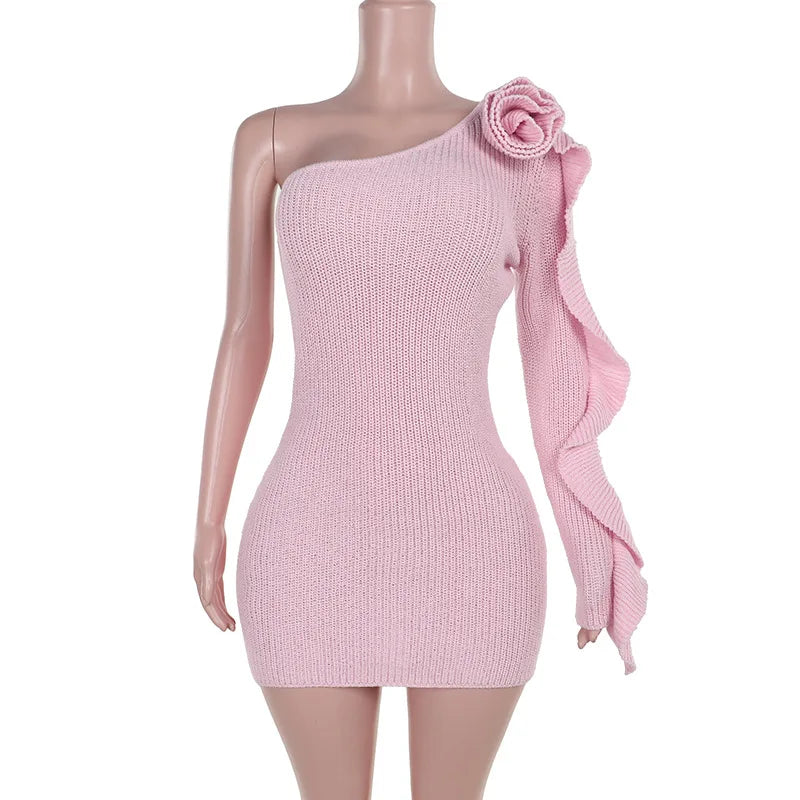 One-Shoulder Knit Mini Dress with Rose Applique & Ruffled Sleeve | Chuzko.com