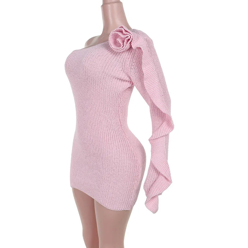 One-Shoulder Knit Mini Dress with Rose Applique & Ruffled Sleeve | Chuzko.com