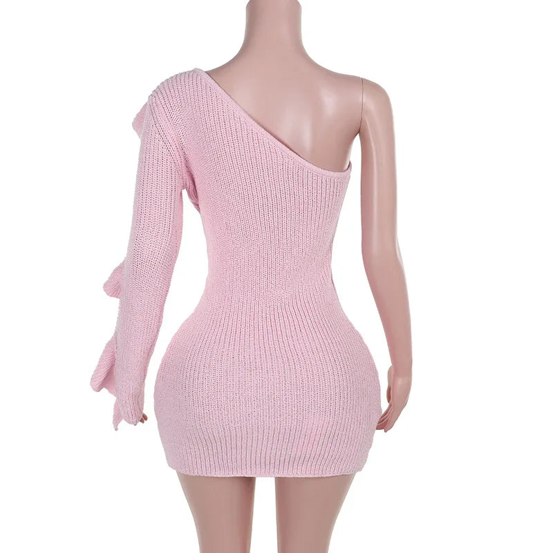 One-Shoulder Knit Mini Dress with Rose Applique & Ruffled Sleeve | Chuzko.com