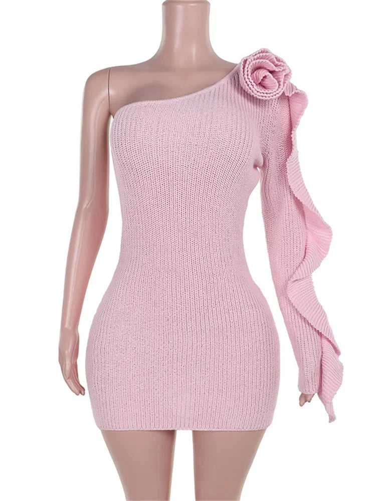 One-Shoulder Knit Mini Dress with Rose Applique & Ruffled Sleeve | Chuzko.com