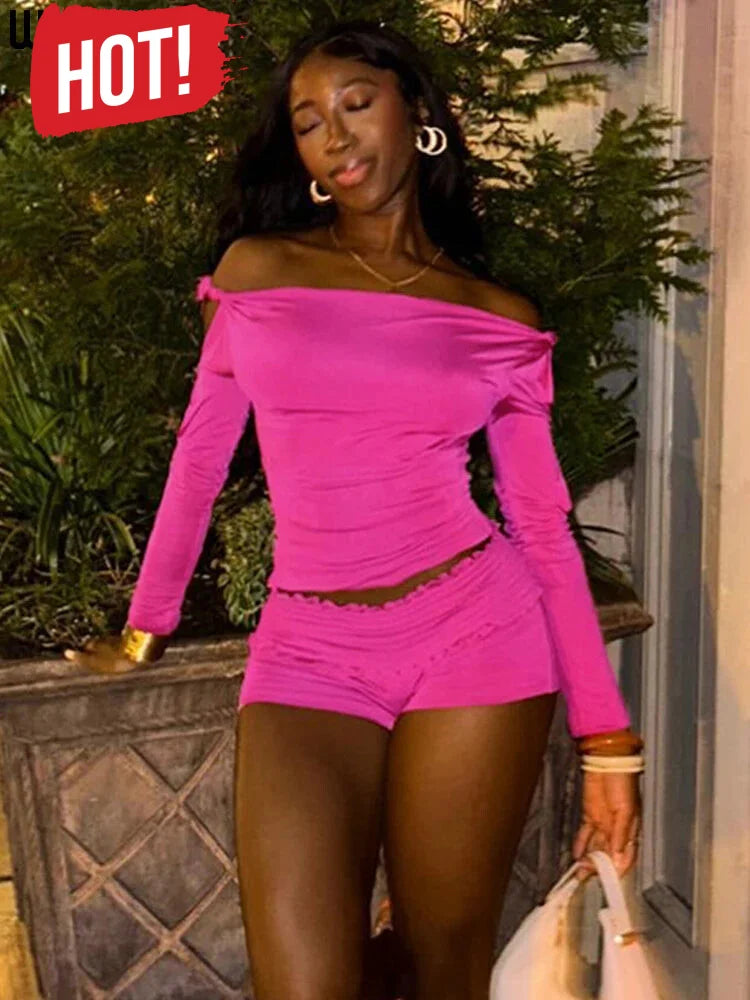 Vibrant Pink Two-Piece Outfit Set Slit Sleeves - Ideal for Clubbing and Casual Wear	