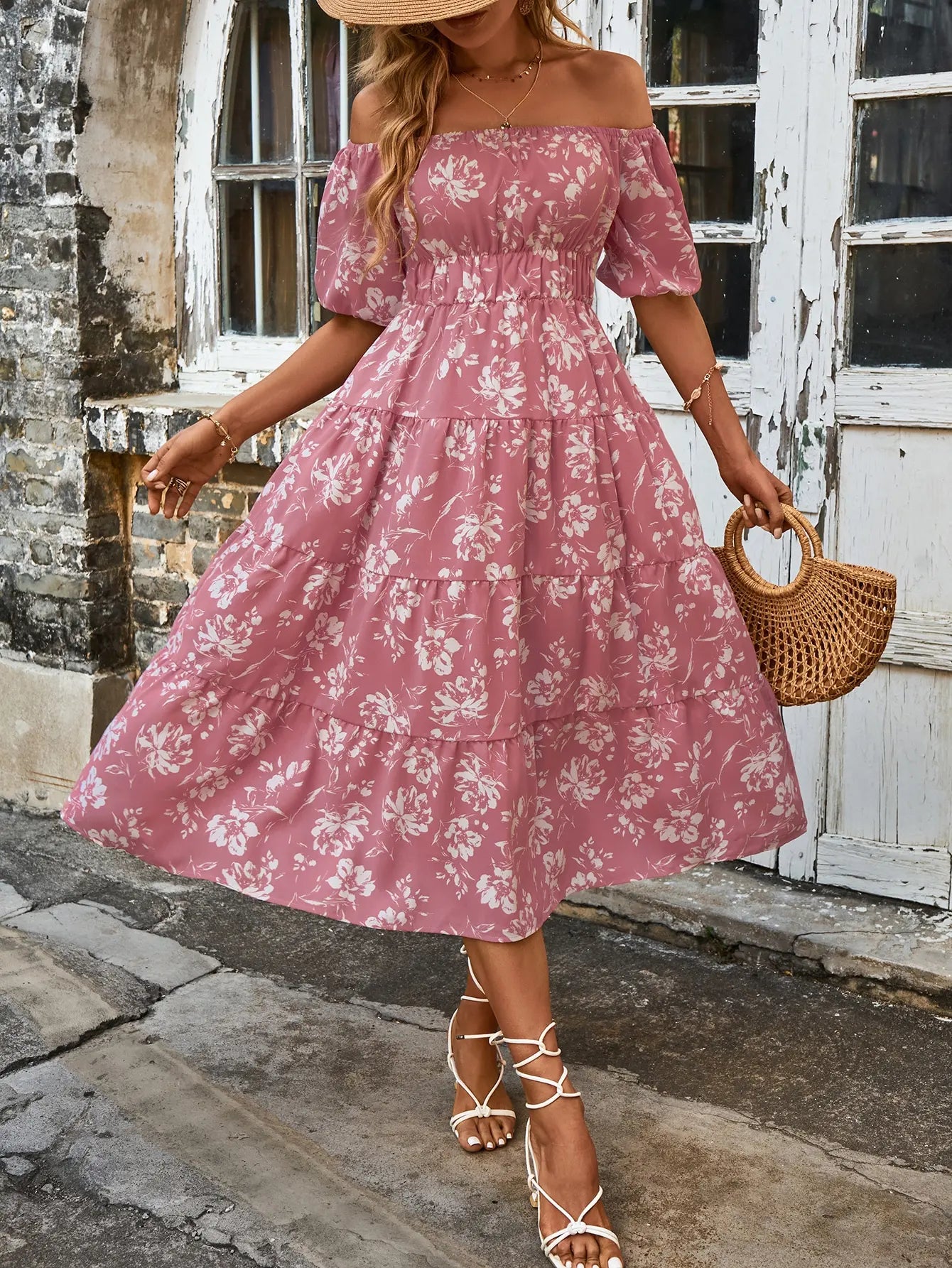 Pink Floral Whisper Ruffle Midi Dress Midi Dresses | Chuzko.com