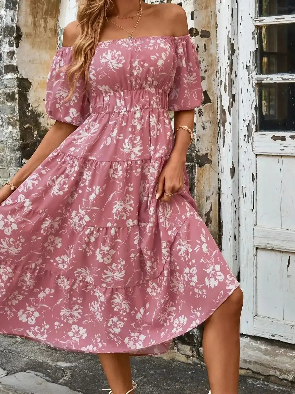 Pink Floral Whisper Ruffle Midi Dress Midi Dresses | Chuzko.com