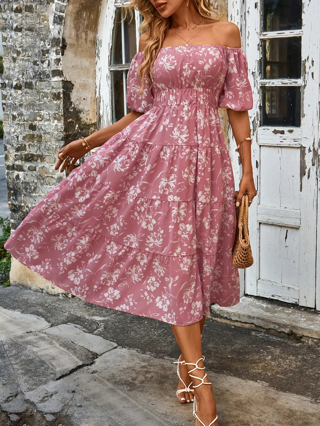 Pink Floral Whisper Ruffle Midi Dress Midi Dresses | Chuzko.com