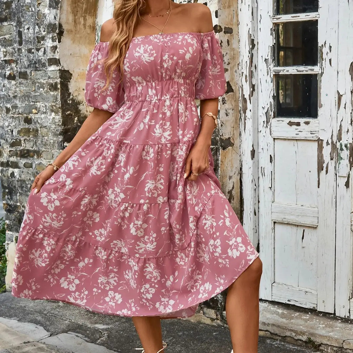 Pink Floral Whisper Ruffle Midi Dress Midi Dresses | Chuzko.com