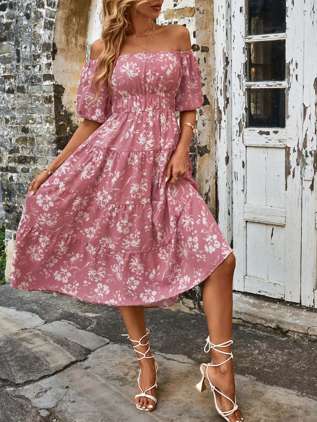 Pink Floral Whisper Ruffle Midi Dress Midi Dresses | Chuzko.com