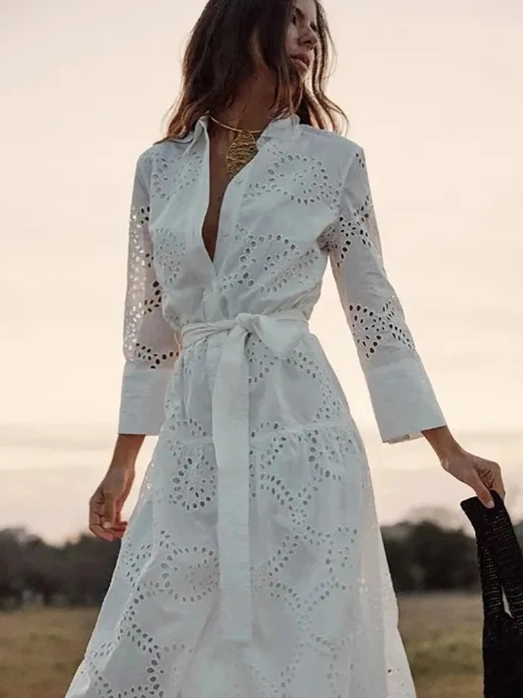 Embroidered Cotton Eyelet Belted Shirt Dress Shirt Dresses | Chuzko.com