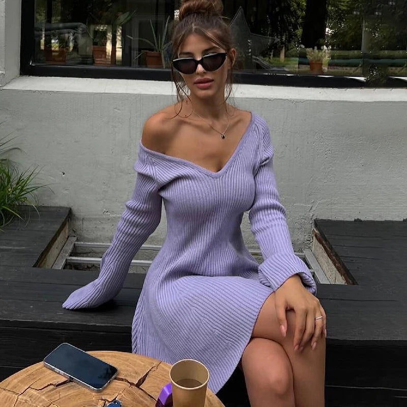 Off-Shoulder Ribbed Mini Sweater Dress Casual Dresses | Chuzko.com