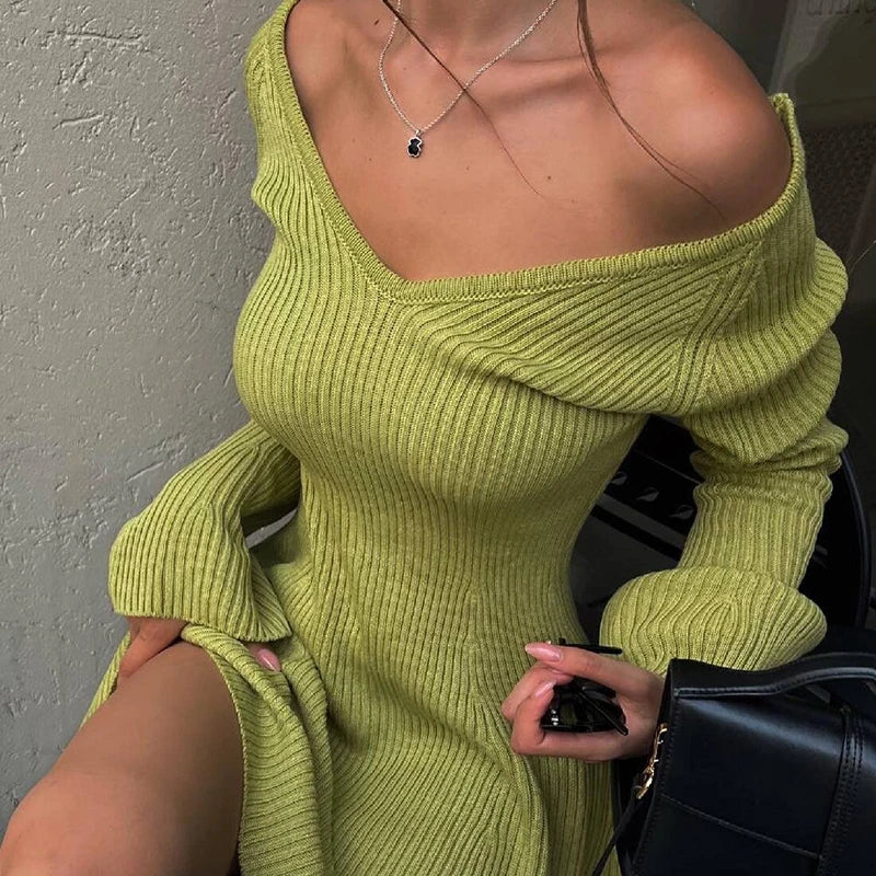 Off-Shoulder Ribbed Mini Sweater Dress	