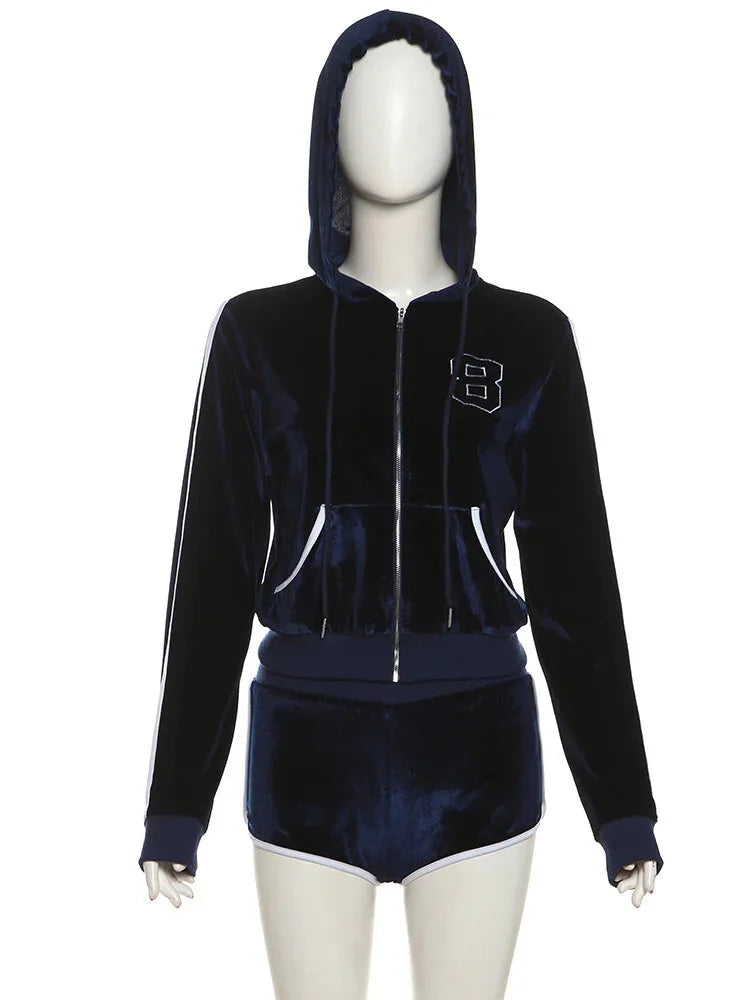 Velvet Sporty Lounge Set Zip-up Hooded Jacket & Shorts Shorts | Chuzko.com