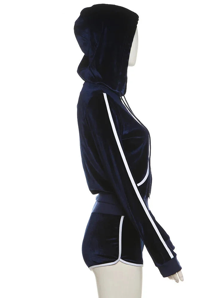 Velvet Sporty Lounge Set Zip-up Hooded Jacket & Shorts Shorts | Chuzko.com