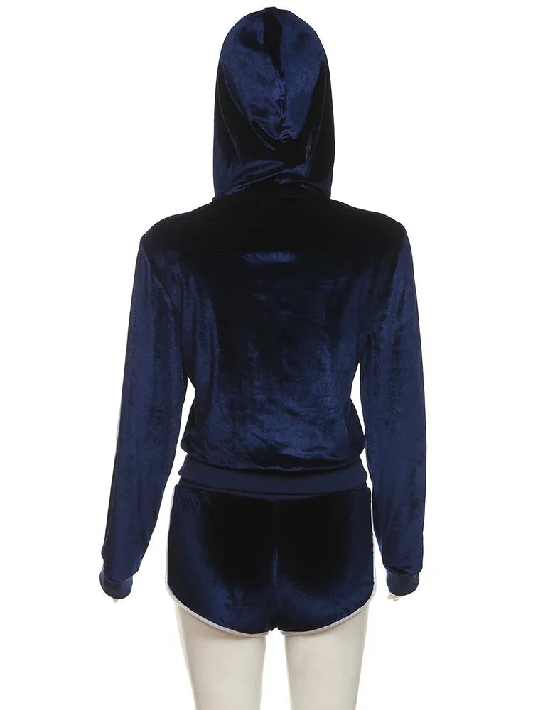 Velvet Sporty Lounge Set Zip-up Hooded Jacket & Shorts Shorts | Chuzko.com