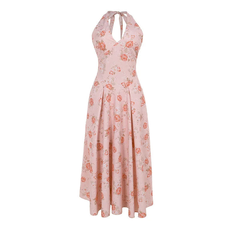 Romantic Floral Halter Midi Dress for Cocktails Cocktail Dresses | Chuzko.com