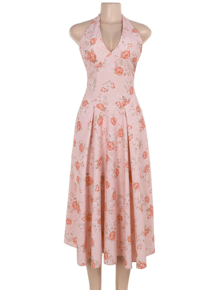 Romantic Floral Halter Midi Dress for Cocktails Cocktail Dresses | Chuzko.com