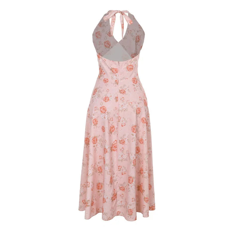 Romantic Floral Halter Midi Dress for Cocktails Cocktail Dresses | Chuzko.com