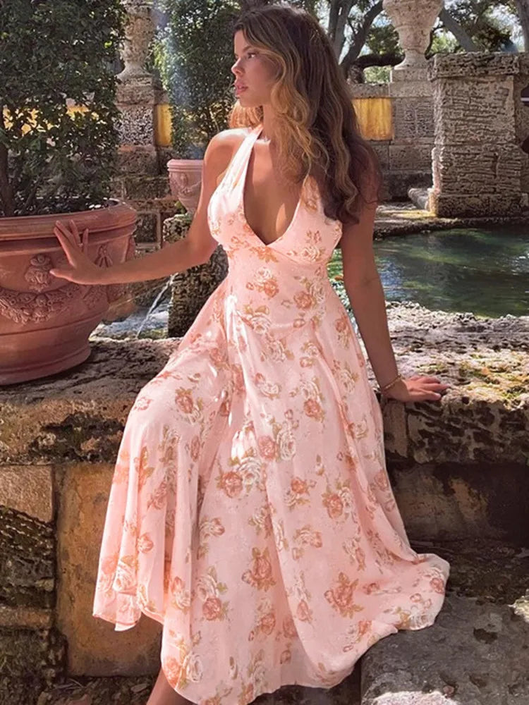 Romantic Floral Halter Midi Dress for Cocktails Cocktail Dresses | Chuzko.com