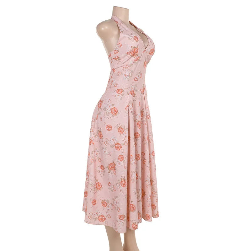 Romantic Floral Halter Midi Dress for Cocktails Cocktail Dresses | Chuzko.com