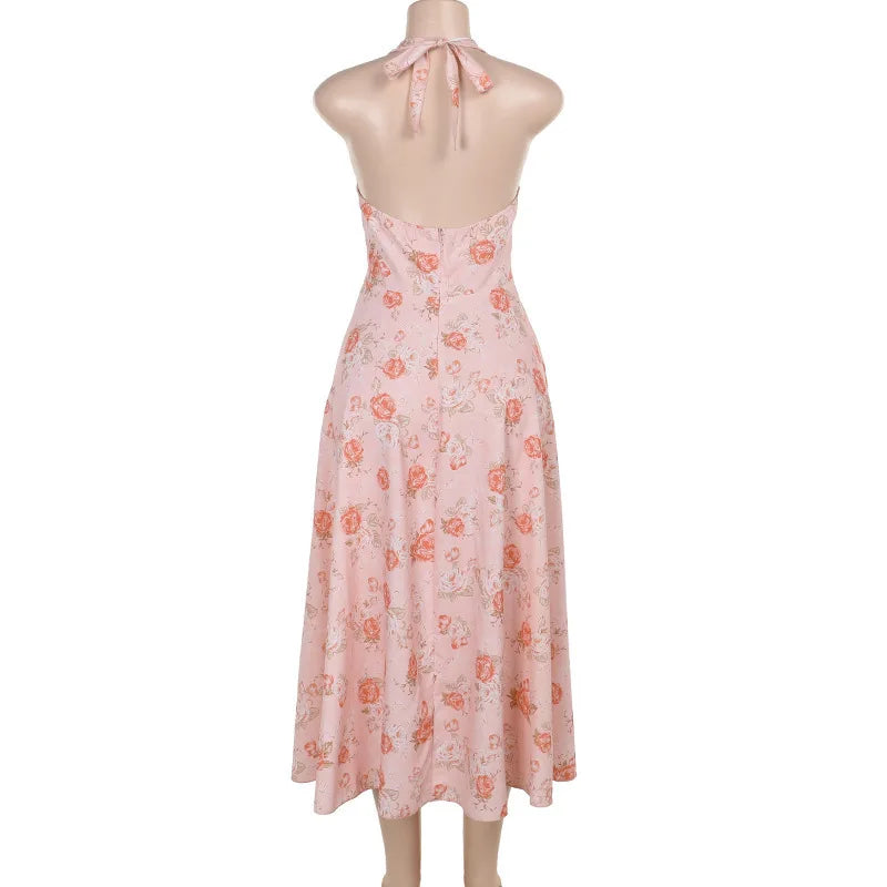 Romantic Floral Halter Midi Dress for Cocktails Cocktail Dresses | Chuzko.com