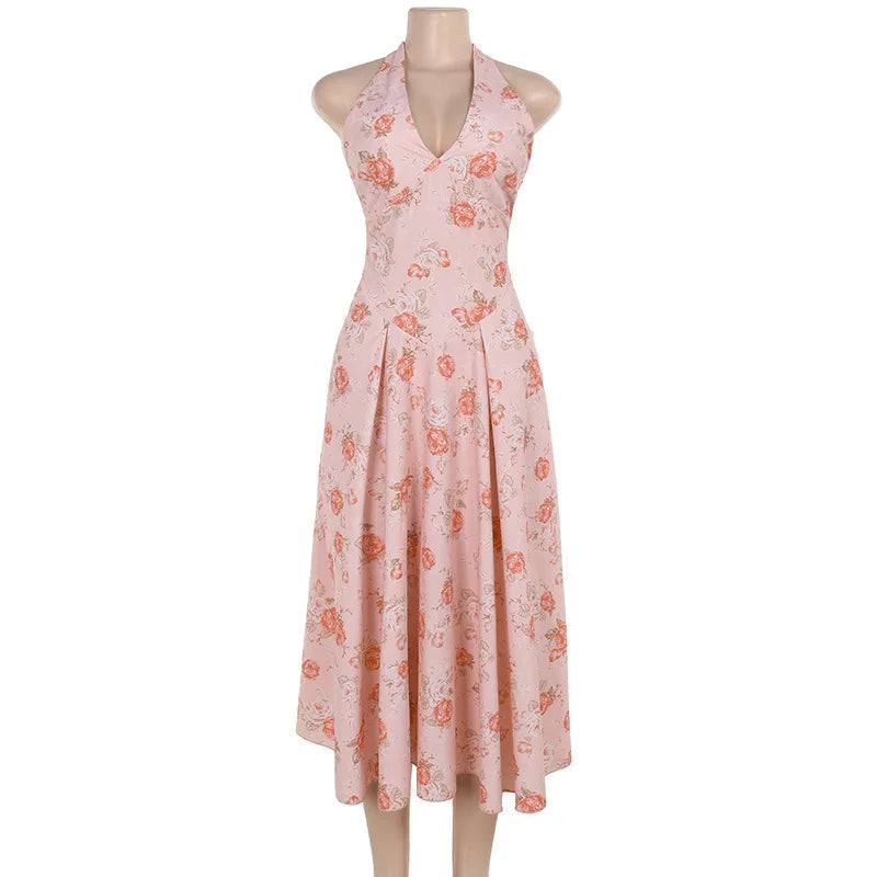 Romantic Floral Halter Midi Dress for Cocktails Cocktail Dresses | Chuzko.com