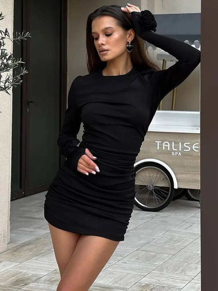 Ruched Body-Hugging Rossette Mini Dress for Disco Nights Clubbing | Chuzko.com