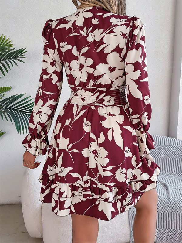 A-Line Floral Dress with Plunging V-Neck and Long Sleeves A-line | Chuzko.com