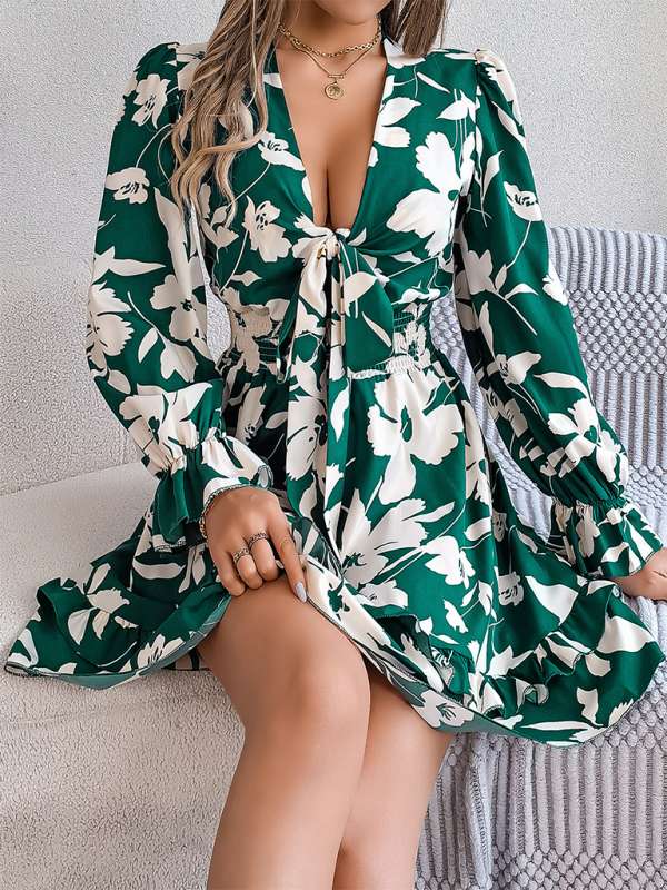 A-Line Floral Dress with Plunging V-Neck and Long Sleeves	