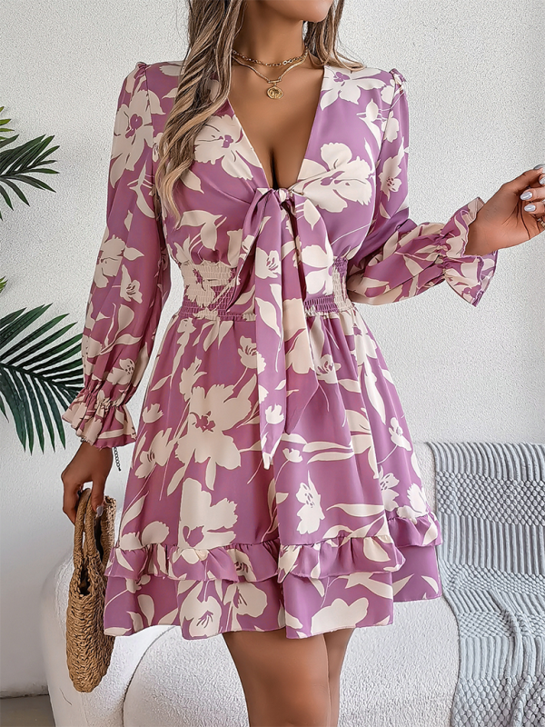 A-Line Floral Dress with Plunging V-Neck and Long Sleeves A-line | Chuzko.com