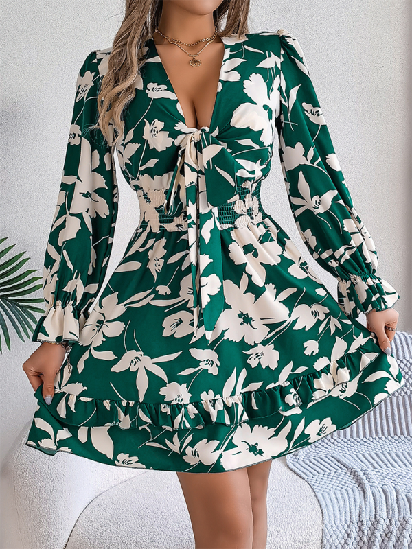 A-Line Floral Dress with Plunging V-Neck and Long Sleeves A-line | Chuzko.com