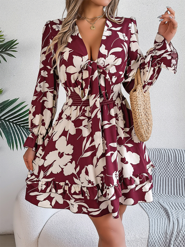 A-Line Floral Dress with Plunging V-Neck and Long Sleeves A-line | Chuzko.com