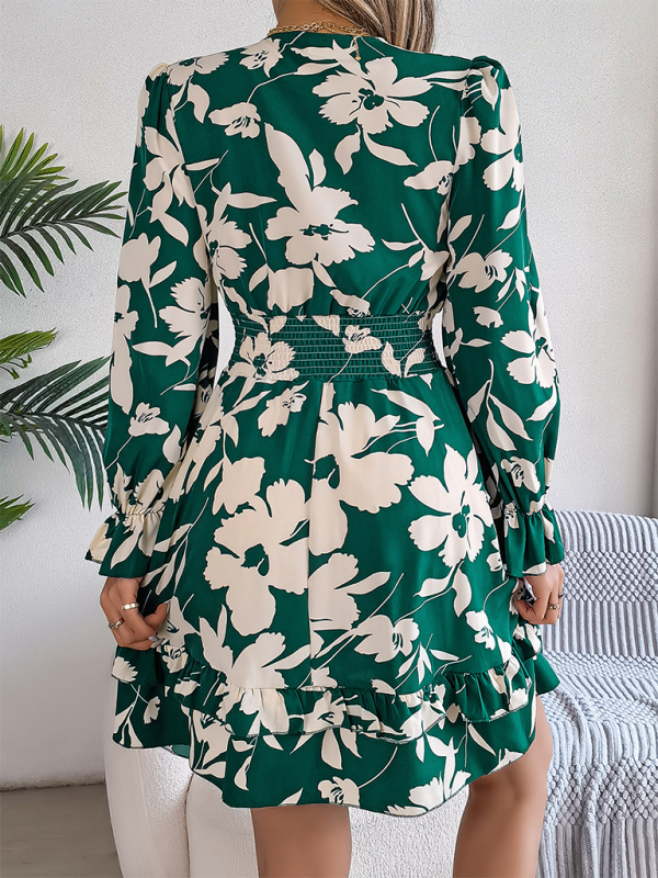 A-Line Floral Dress with Plunging V-Neck and Long Sleeves A-line | Chuzko.com