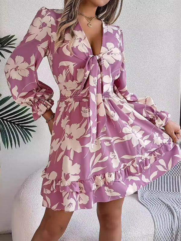 A-Line Floral Dress with Plunging V-Neck and Long Sleeves A-line | Chuzko.com